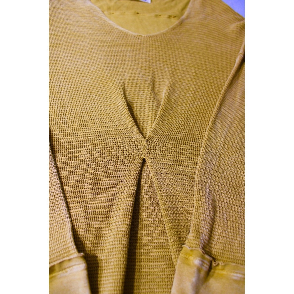 M. Rena Waffle Knit Top Womens Large Yellow V-Neck Pleated Thermal Boho S4945A - Picture 5 of 10